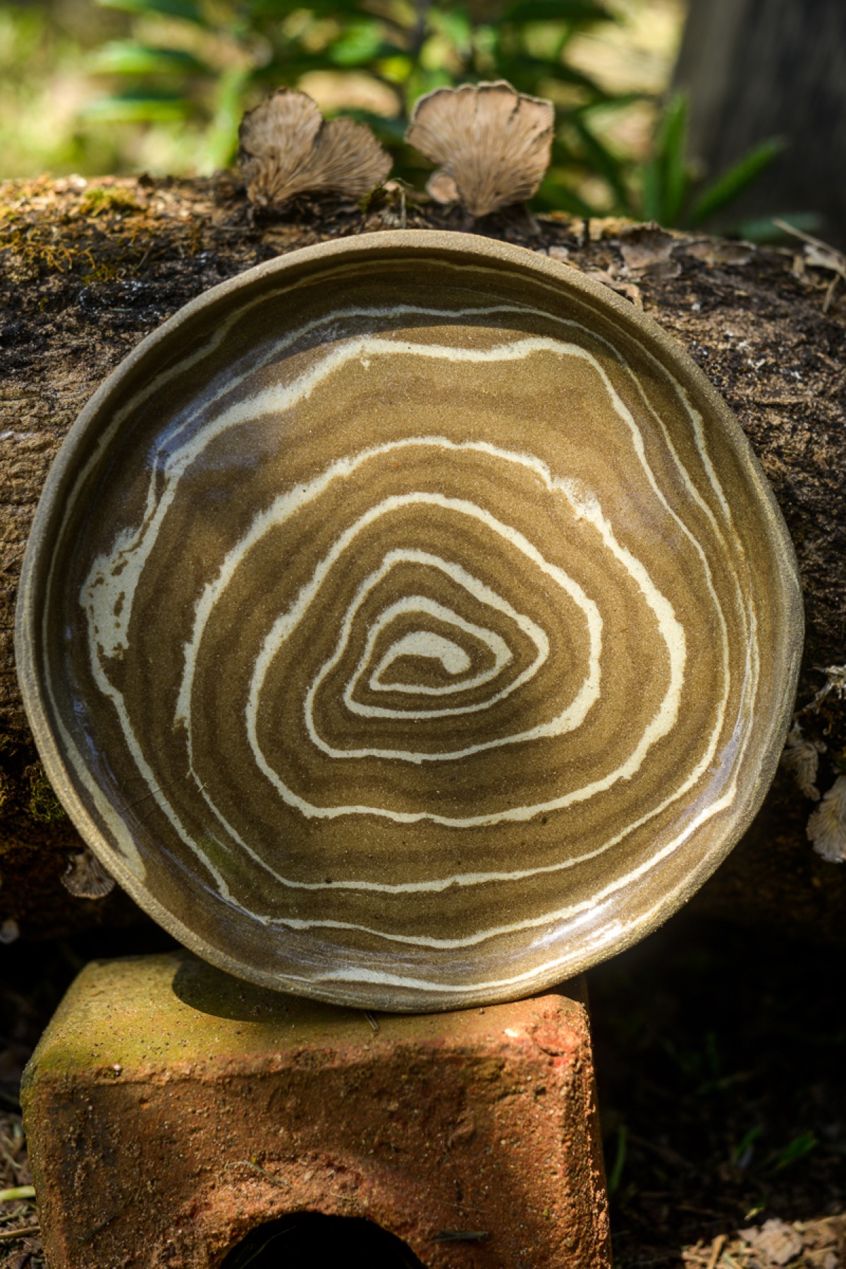 Prato cerâmico de alta temperatura com linhas claras em superfície terrosa