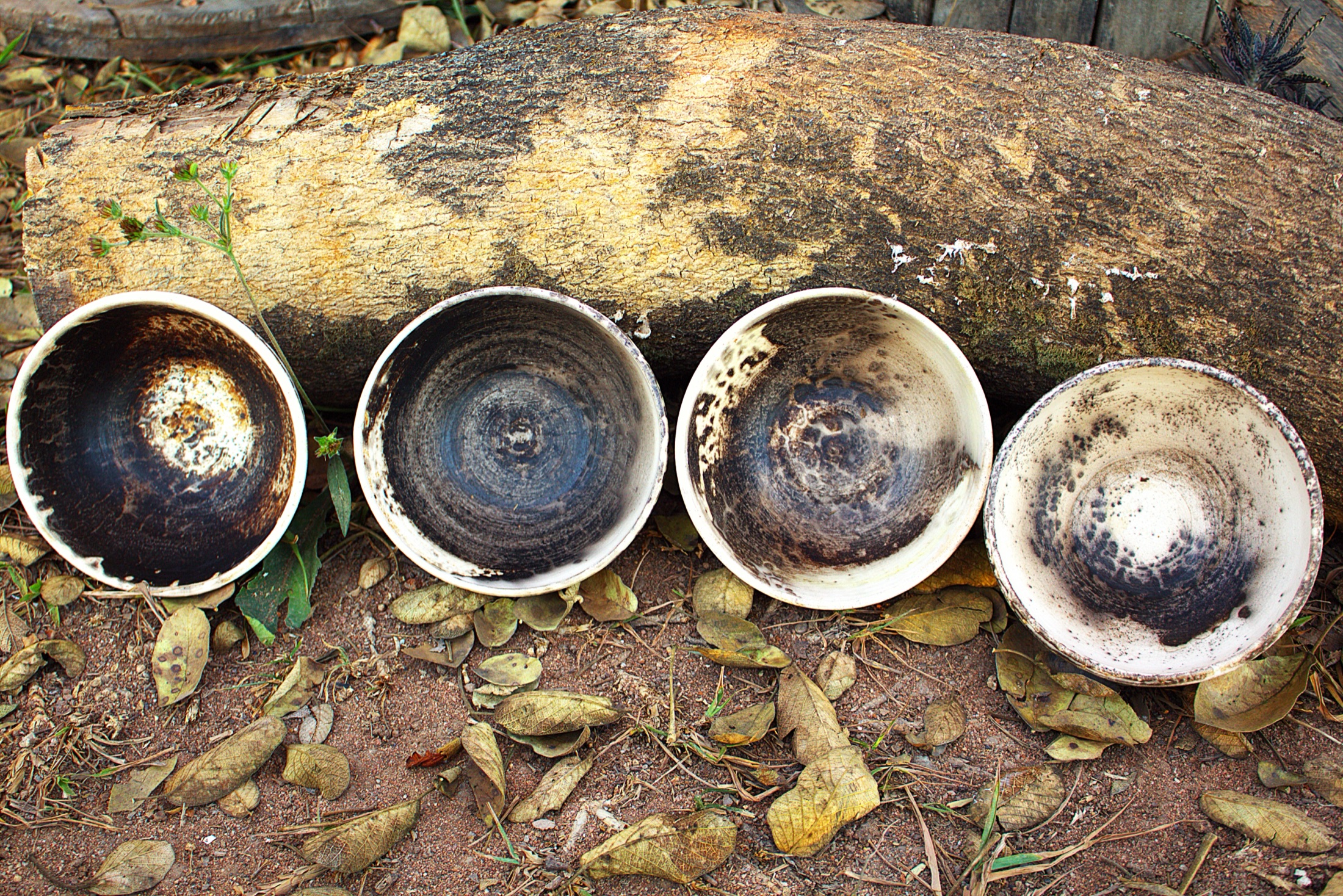 Peças cerâmicas queimadas apoiadas diante de um tronco de madeira